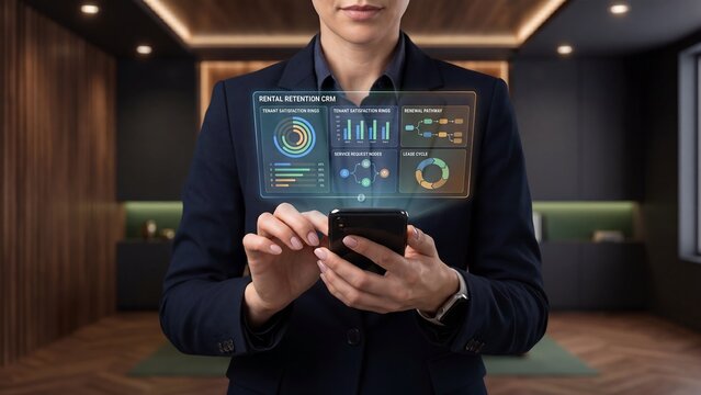 Customer retention CRM dashboard on smartphone showing tenant satisfaction analytics renewal tracking and service management insights for business growth strategy and digital relationship management