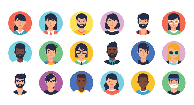 Set of eighteen diverse human avatar portraits in circular frames representing various ethnicities, hairstyles, and styles for user profiles.