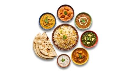 Top view of traditional Indian dishes with rice curry and naan bread