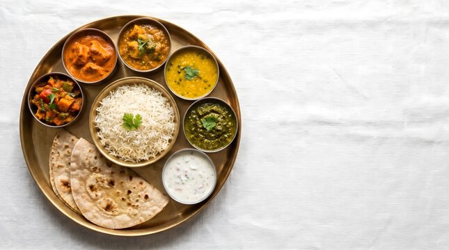 Indian thali style meal with rice curries naan and side dishes top view