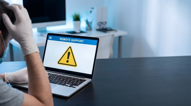 Technician stressed during remote support error troubleshooting on laptop warning concept