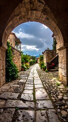 Obraz premium A stone pathway leads through an archway to a village