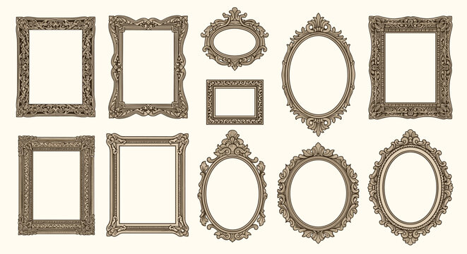 Detailed collection of vintage ornate picture frames in various shapes including rectangular and oval with classic antique patterns.