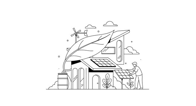 Man installing solar panel on sustainable house with windmill