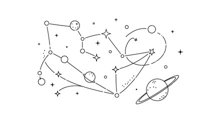 Minimalist line art illustration of cosmic constellations and planets © Nur