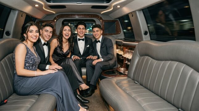 Young adults in formal attire celebrating in a luxury limousine