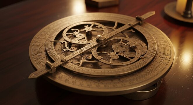Close up of an ancient brass astrolabe