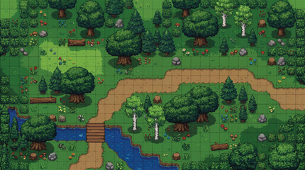Fototapeta premium Pixel art forest game map vector, retro 16-bit RPG environment with trees and river, top-down woodland landscape for video game level design