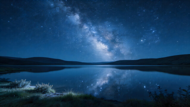 Night sky with stars and lake reflection