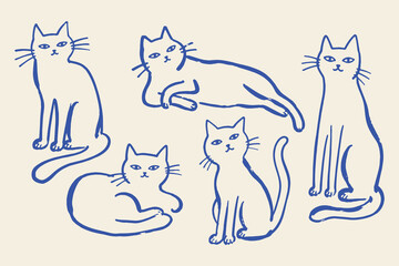 Obraz premium Cat poses set naive sketch pattern vector illustration