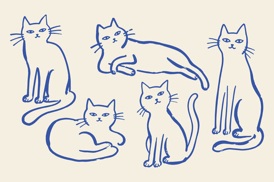 Cat poses set naive sketch pattern vector illustration