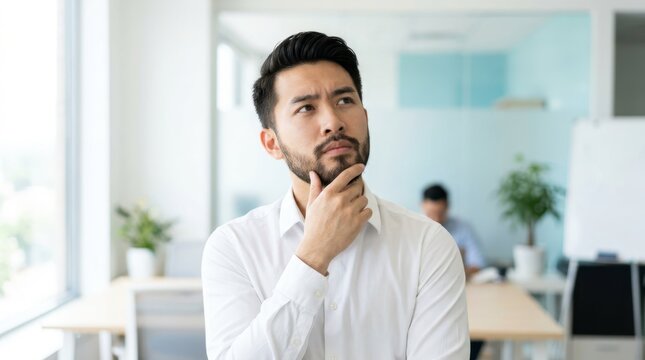 Thoughtful Asian man in white shirt pondering with hand on chin in modern office