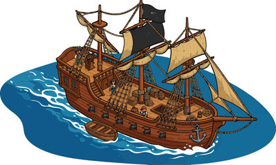 Vintage pirate ship vector illustration, wooden sailing vessel with black sails on blue ocean water, antique maritime galleon with anchor and rigging © xantii
