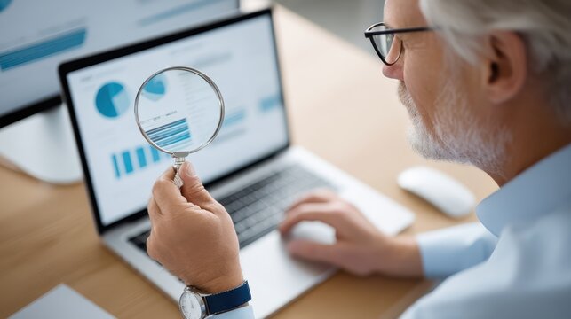 Person analyzing financial data on laptop with magnifying glass, business analytics concept, technology and research.