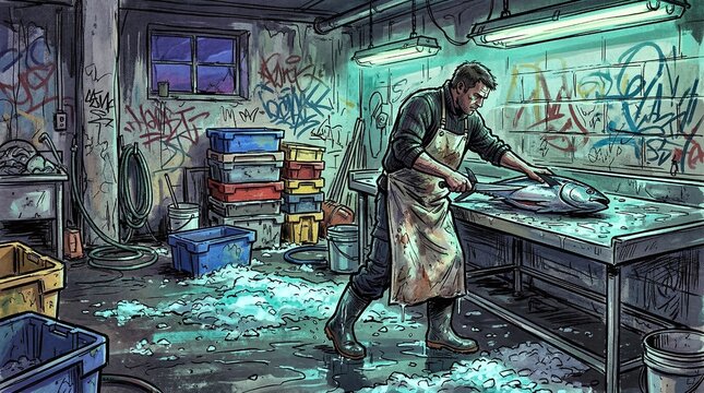 Fisherman Cleaning Fresh Fish in Gritty Industrial Fish Market