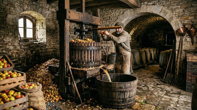 Man Making Apple Cider with Traditional Press in Rustic Cellar