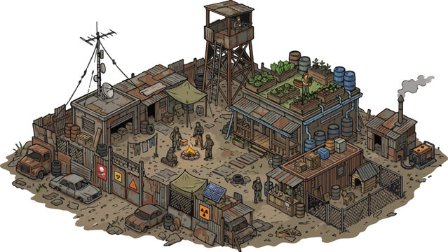 Post-apocalyptic survivor camp vector illustration, isometric wasteland base with watchtower and shacks, dystopian military outpost game asset