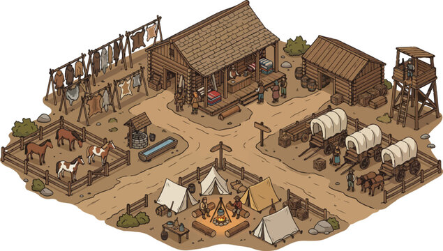 Isometric wild west frontier town vector, vintage pioneer settlement with wooden buildings and horse stables, rustic western village camp