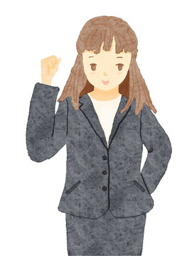 白バックにスーツを着た女性社員がガッツポーズしているイラスト