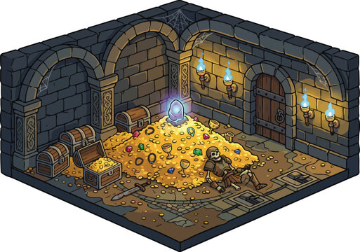 Isometric pixel art dungeon treasure room, fantasy stone vault with gold coins and chests, medieval underground chamber with skeleton and magic crystal