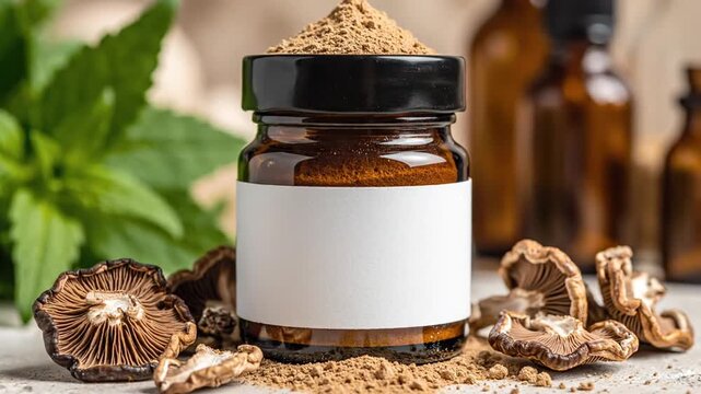 Closeup studio shot of a jar filled with powder and mushrooms on a table