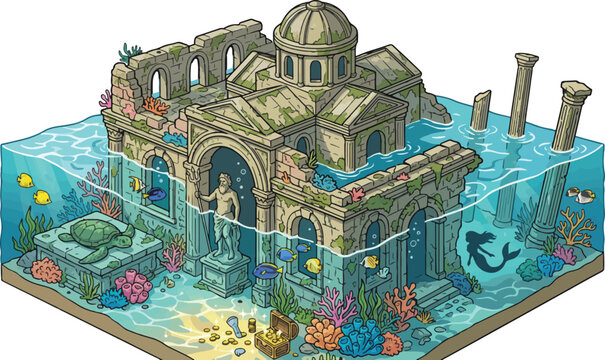 Isometric sunken city ruins vector, ancient underwater temple with sea turtle and mermaid, lost civilization of Atlantis with treasure chest