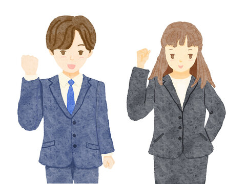白バックに社員がガッツポーズしている男女二人のイラスト