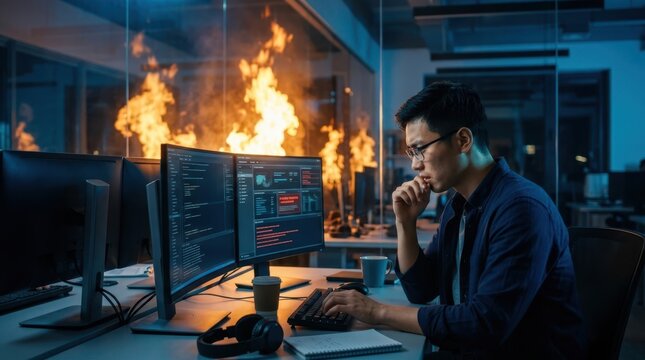 Programmer working on computer with office fire in background