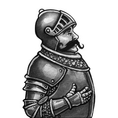 Hand Painted Watercolor Medieval Knight in Profile, Traditional Black and White Historical Fantasy Illustration © Viktoriia