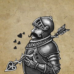 Hand Painted Watercolor Medieval Knight in Love with Hearts and Arrow, Traditional Romantic Fantasy Illustration © Viktoriia