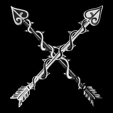 Hand drawn crossed medieval arrows with ornate spearhead tips, traditional black and white graphic illustration