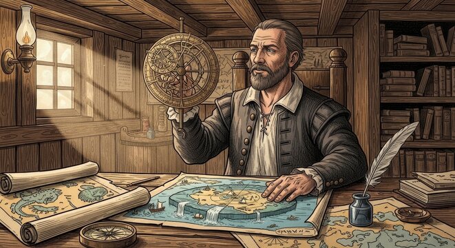 Ancient navigator studying map and astrolabe