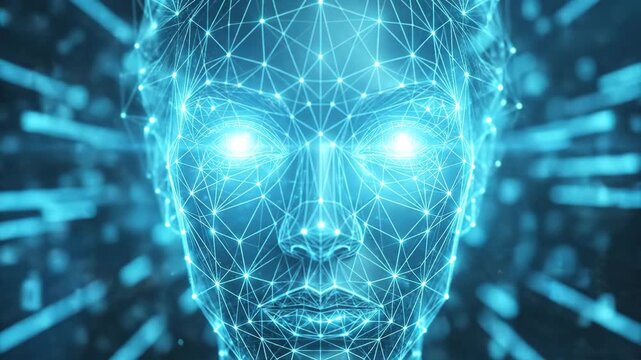 An abstract digital human face composed of geometric lines, luminous structure, dark gradient backdrop, sleek high-tech atmosphere, ultra-realistic, no logos.