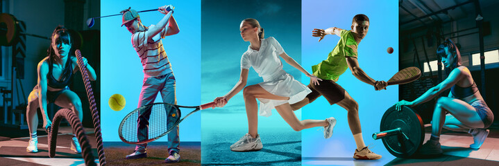 Athletes performing across multiple sports with motion blur and dramatic lighting. Concept of speed and dynamic performance. Great for advertising, sports media and branding. Banner © Lustre Art Group 