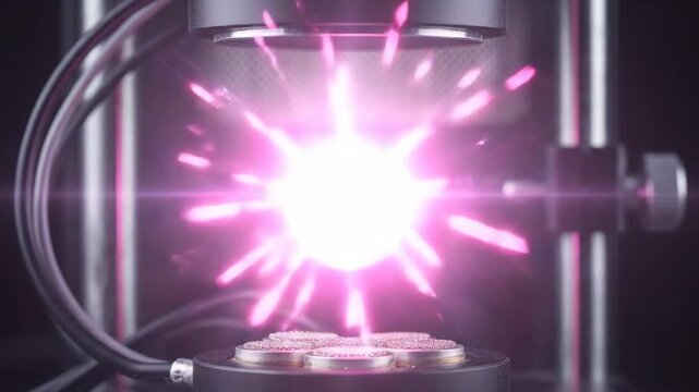 Cinematic 3D animation of acoustic levitation merging a clear and blue water drop into a glowing neon pink energy sphere