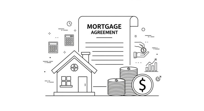 Mortgage Agreement Document with House and Coins.