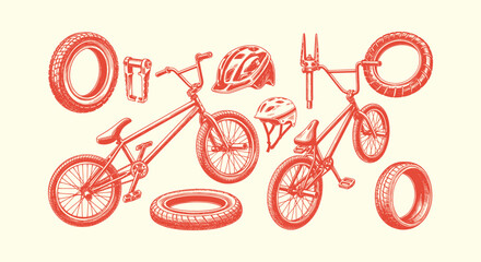 Naklejka premium Hand Drawn BMX Bicycle Illustration Set with Tires Helmets and Spare Parts in Vintage Sketch Style.