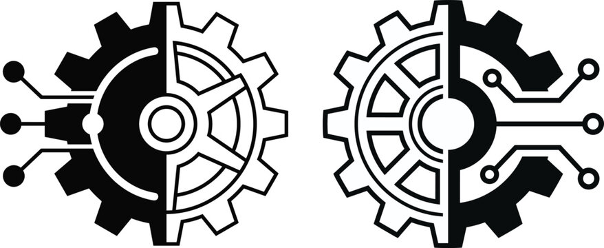 Abstract illustration combining mechanical gear teeth and digital circuit lines representing technology integration and modern industrial innovation concept artwork