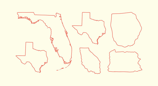 Outline maps of US states including Florida, Texas, Georgia and Pennsylvania on a cream background