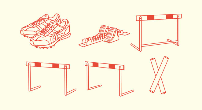 Track and field athletics equipment vector set with hurdles, shoes, starting blocks and batons