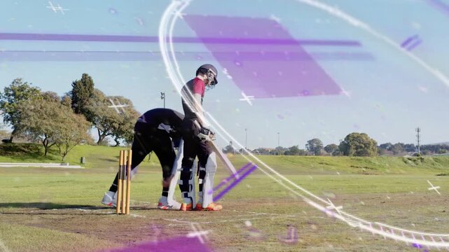 Bowler bowling batsman swinging bat for runs in cricket while purple overlays sweeping over players