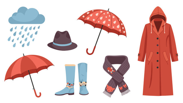 Comprehensive collection of colorful rain gear including umbrellas, a raincoat, boots, hat, and a scarf for wet weather.
