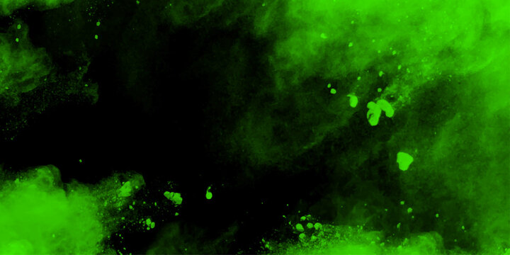 Abstract green water color hand painted art victor illustration. Dark brown painted smoky textured black color powder explosion. Black and green Smoke background elegant luxury space with stars.
