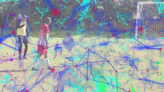 Striker running shooting, scoring goal celebrating backs regroup, animated overlay over soccer play