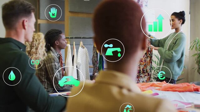 Design team pointing while presenter holding dress, green icons circling dress showing eco metrics