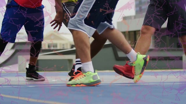 First bounce starting neon player dribbling for possession, defenders closing, scrambling to steal