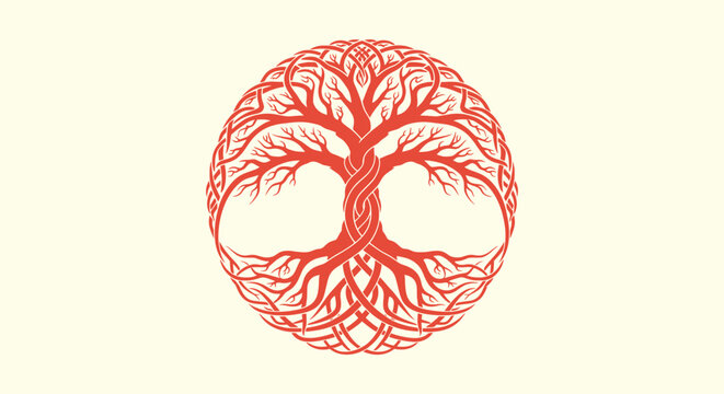 Intricate Red Celtic Tree of Life Yggdrasil Illustration with Knotwork Roots on Cream Background