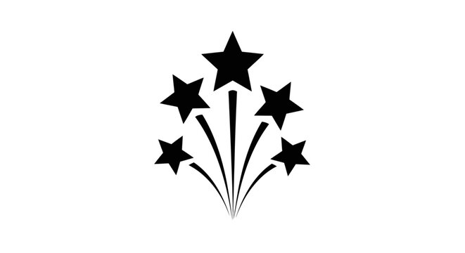 Minimalist black and white vector illustration featuring an abstract firework display with multiple sharp stars rising from the bottom to represent celebration or festive holiday themes