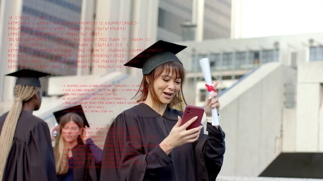 Grad reading phone, taking diploma, celebrating graduation while red code marking phone and diploma