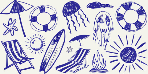 hand drawn beach elements including umbrellas surfboards jellyfish and lifebuoys high quality professional detailed modern © PabanBiswas